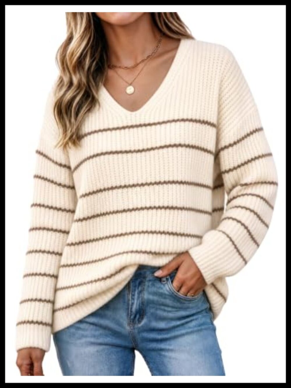 Women's V Neck Long Sleeve Striped Pullover Light Comfy Sweater